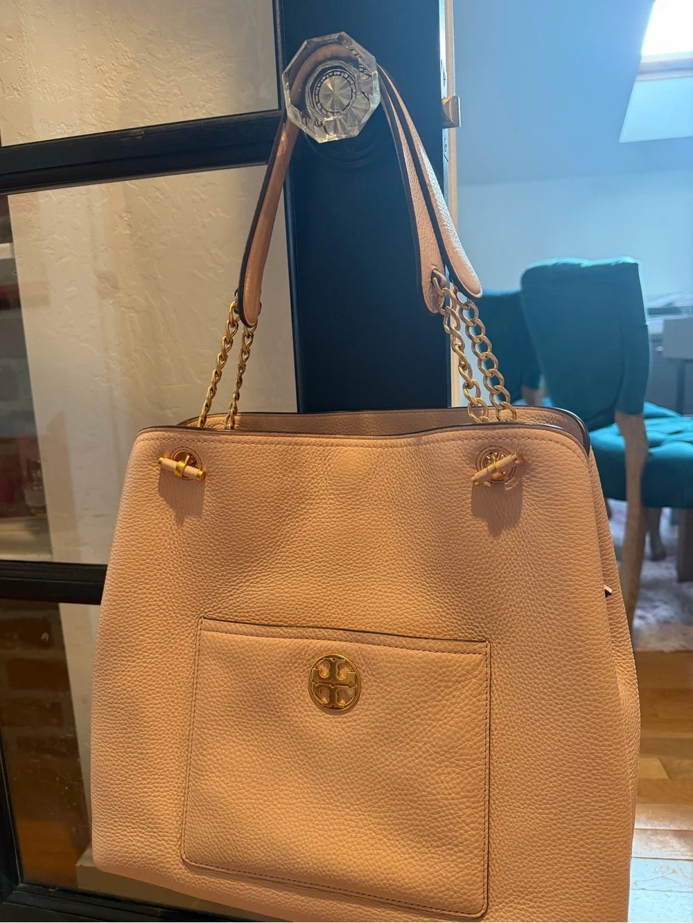 Tory Burch Blush Pink Pebbled Leather Shoulder Tote with Gold Chain Handles